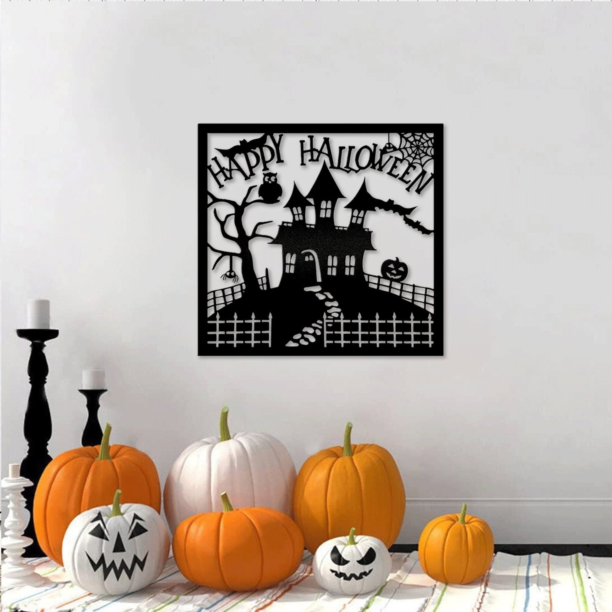 Haunted House Halloween Wreath Metal Wall Art LED Light , Halloween Outdoor Perfect Gift, Metal Halloween With LED, Halloween Gift.1