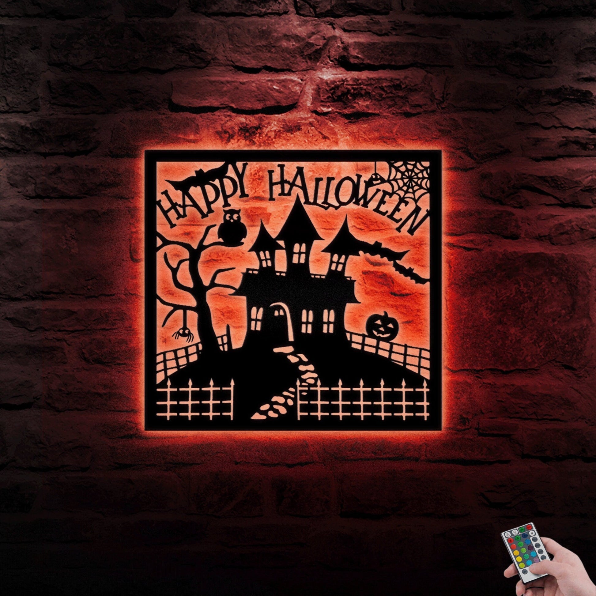 Haunted House Halloween Wreath Metal Wall Art LED Light , Halloween Outdoor Perfect Gift, Metal Halloween With LED, Halloween Gift.1