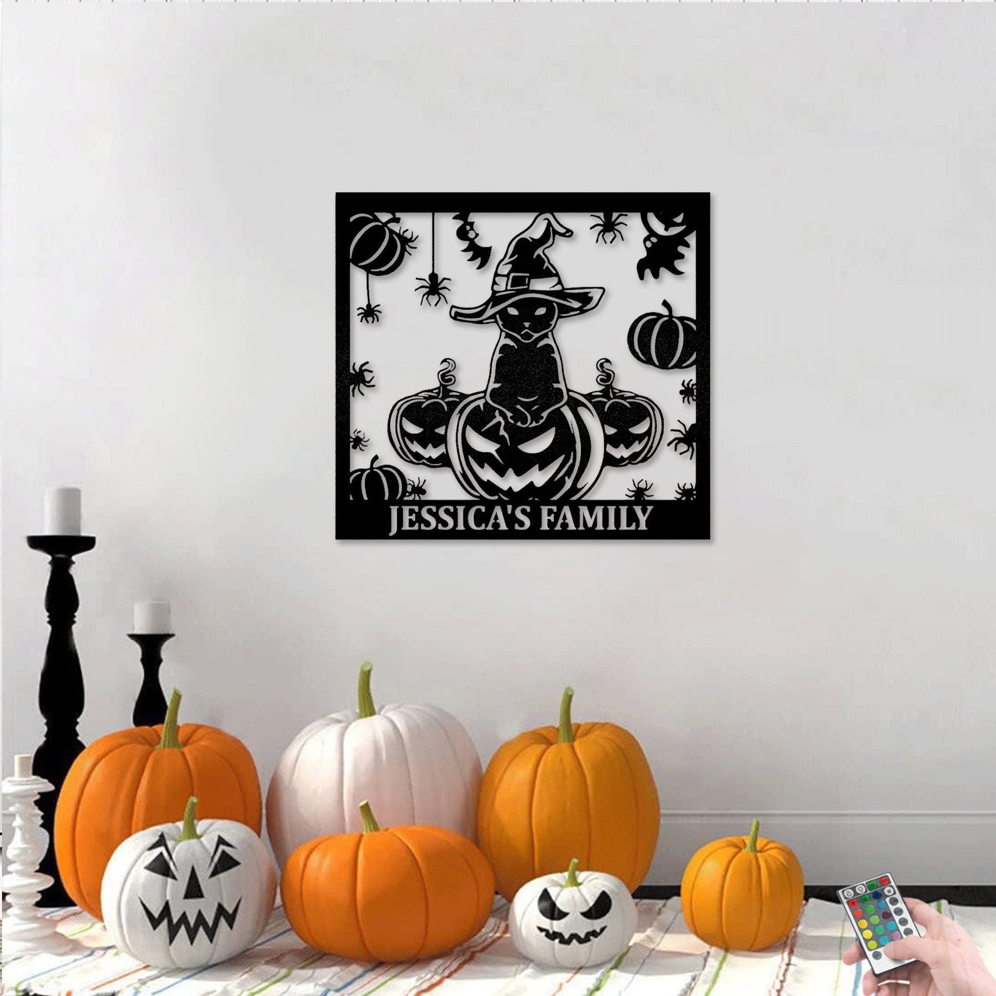 Cat Wizard With Pumpkin & Spinder Halloween Metal Art, Halloween Decorations Outdoor, Perfect Welcome Sign For Halloween, Halloween Gift.1