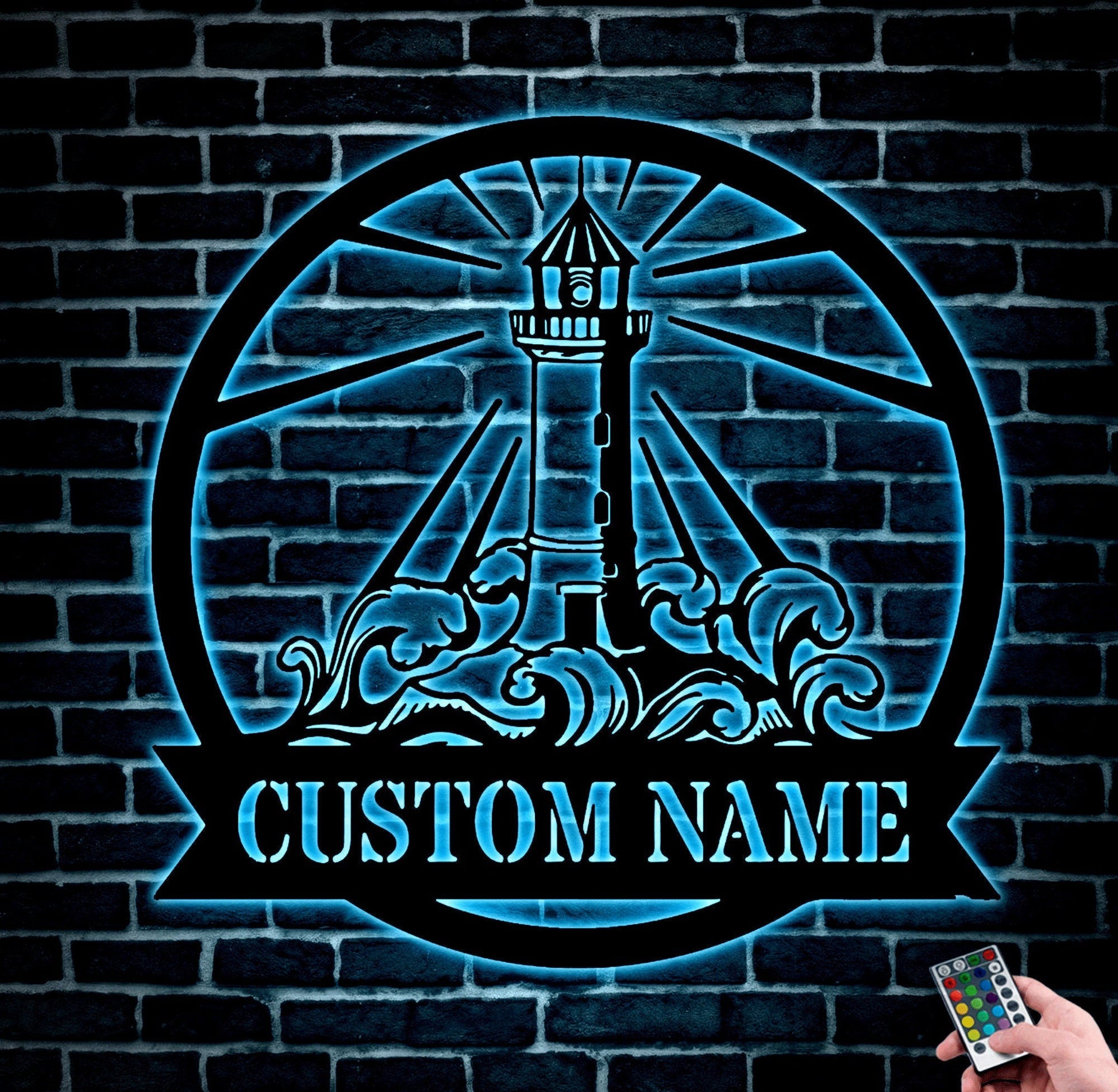 Personalized Lighthouse Metal Sign With Led Lights, The Lighthouse Home Decor, Lighthouse Monogram Metal Wall Art LED Light, Unique Gift,1