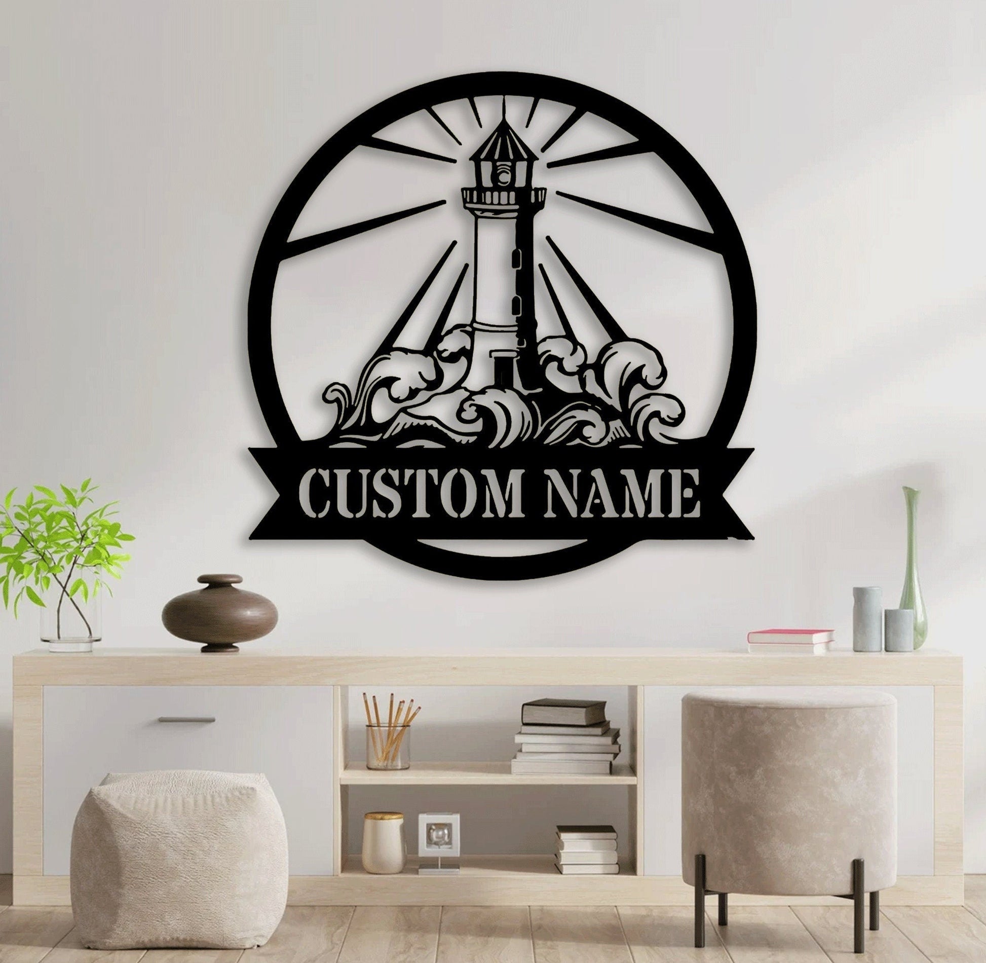 Personalized Lighthouse Metal Sign With Led Lights, The Lighthouse Home Decor, Lighthouse Monogram Metal Wall Art LED Light, Unique Gift,1