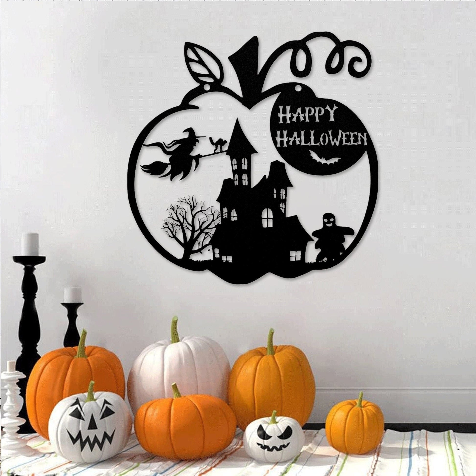 Custom Happy Halloween Metal Wall Art With Lights, Halloween Themed Decor , Fall Metal Door Sign, Spooky Halloween Wreath, Halloween Gift.1