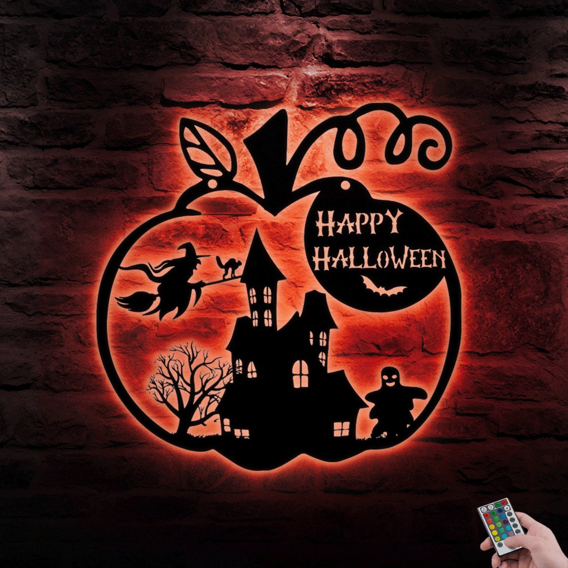 Custom Happy Halloween Metal Wall Art With Lights, Halloween Themed Decor , Fall Metal Door Sign, Spooky Halloween Wreath, Halloween Gift.1