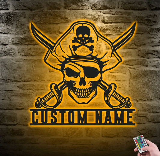 Personalized Pirate Skull Metal Sign With LED Light, Custom Name Sign Home Decor, Skull Sign Decoration For Room, Wall Hanging Laser Cut.1