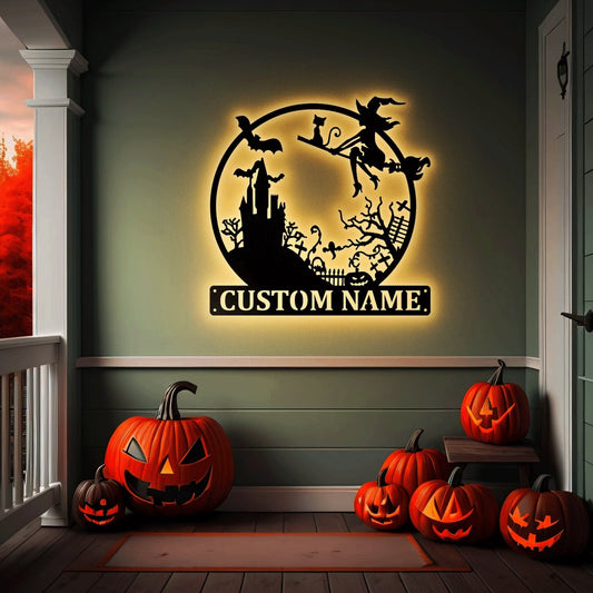 Spooky Witch and the Castle Round Metal Wall Art With Led Light, Halloween Outdoor Perfect Gift, Happy Halloween, Halloween Gift.1