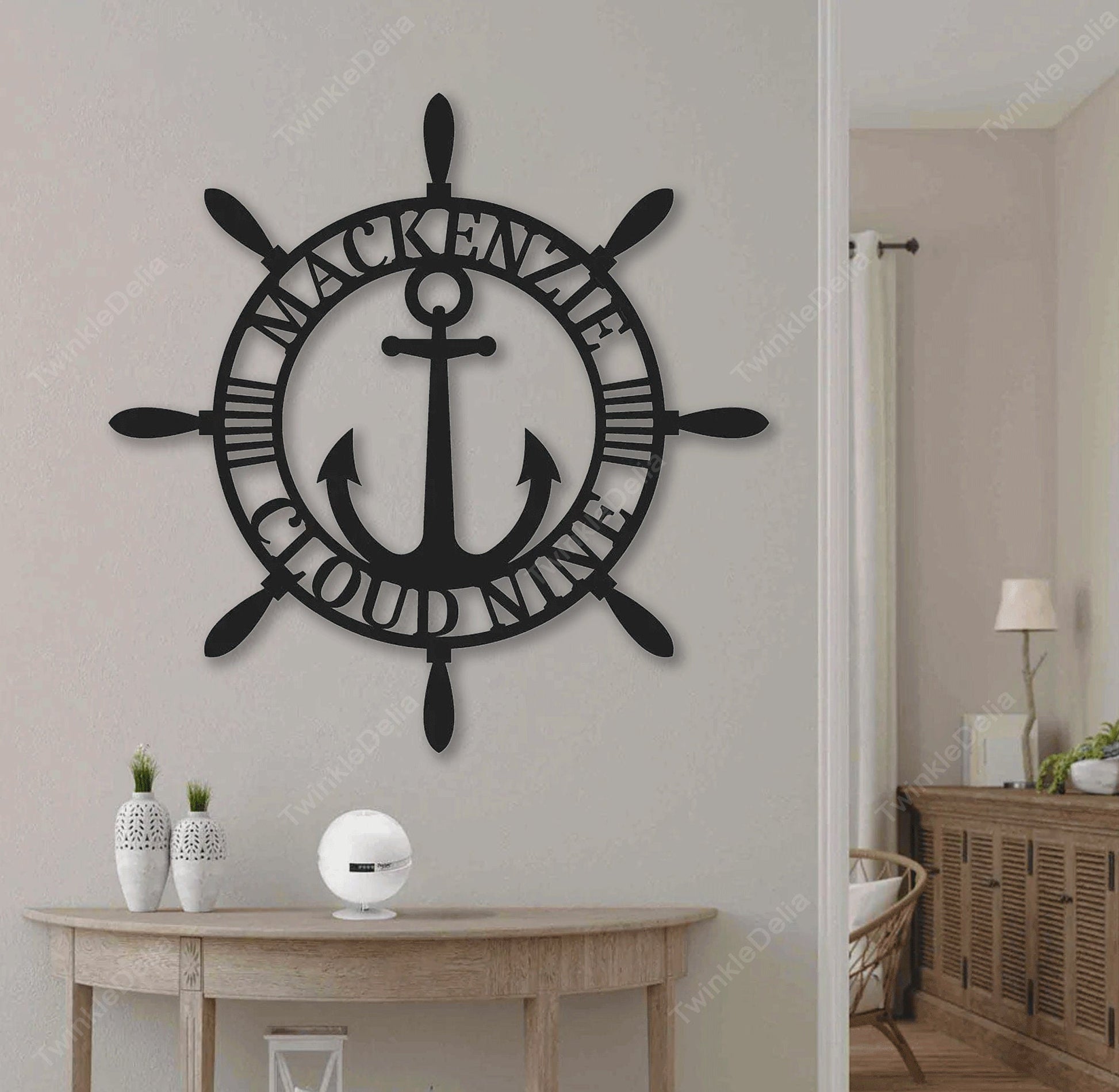 Nautical Metal Wall Art, Anchor With Custom Text in Helm Wheel Personalized Metal Sign, Helm Wheel Wall Art, Dad Gift, Anniversary Gift.1