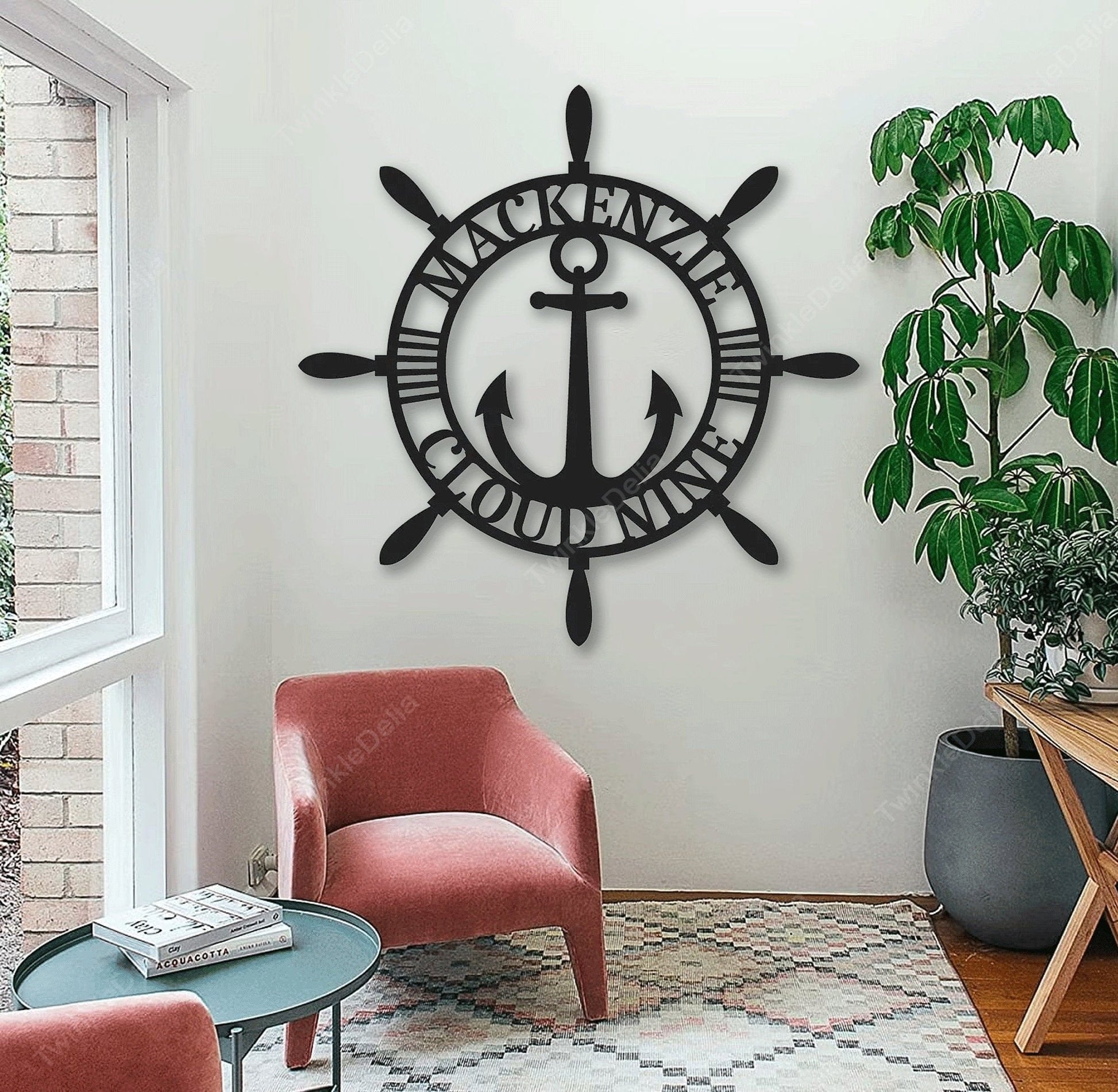 Nautical Metal Wall Art, Anchor With Custom Text in Helm Wheel Personalized Metal Sign, Helm Wheel Wall Art, Dad Gift, Anniversary Gift.1