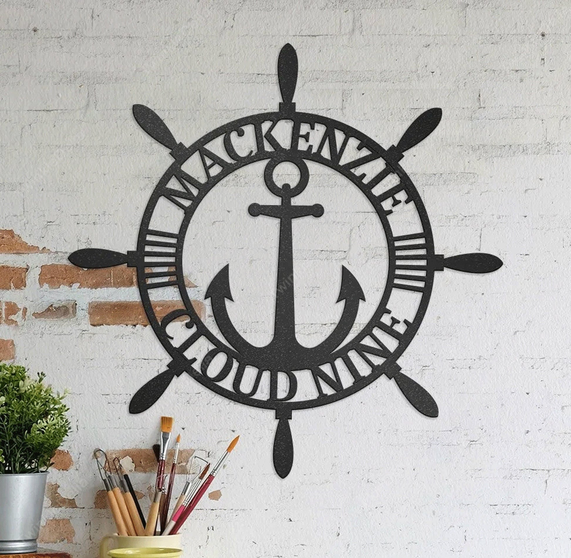 Nautical Metal Wall Art, Anchor With Custom Text in Helm Wheel Personalized Metal Sign, Helm Wheel Wall Art, Dad Gift, Anniversary Gift.1
