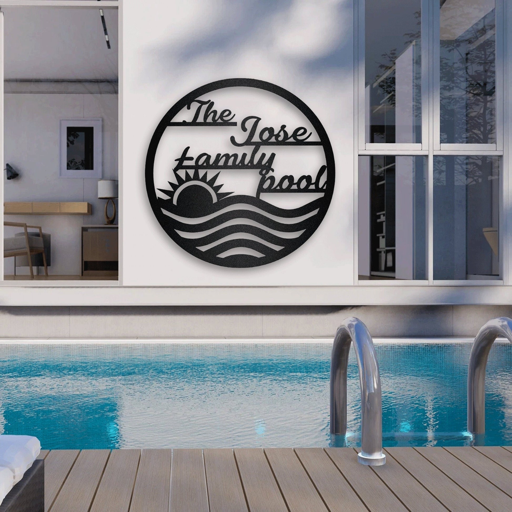 Personalized Sunrise Over The Sea Metal Wall Art With LED Light, Perfect For Decorating Swimming Pool, Personalized Pool & Patio Metal Sign.1