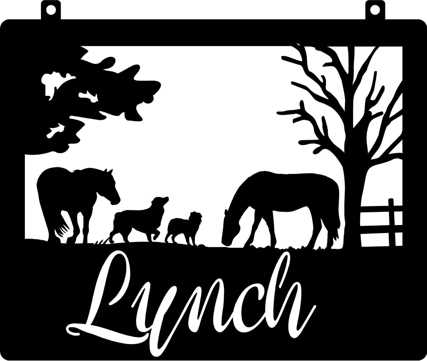 Personalized Metal Sign with Horses And Dogs Country Scene