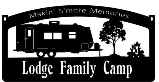 Personalized, metal CAMPER sign with CAMPER and campfire