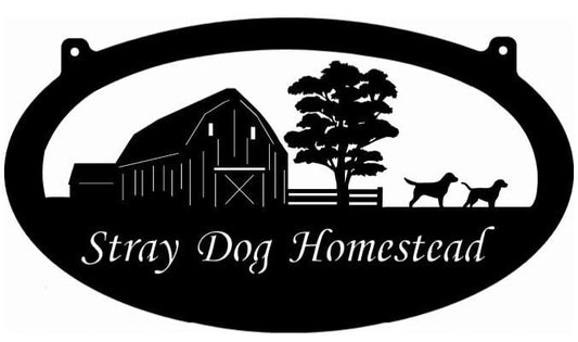 Personalized Metal Sign with Barn, Chicken and Dogs