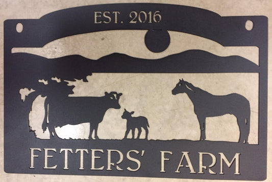 Metal farm sign with HORSE COW MOUNTAIN scene