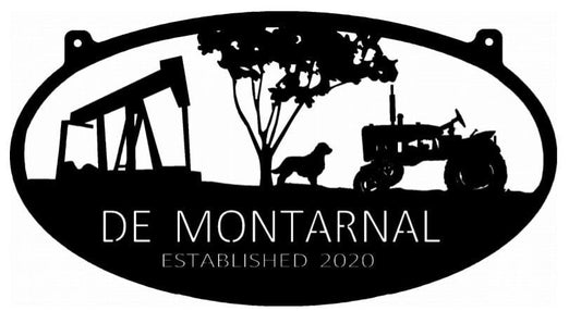 Metal OIL DERRICK Sign with oil derrick, dog and tractor scene customized with your name