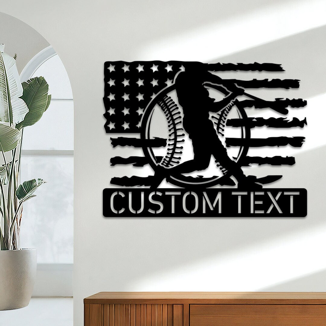 Baseball American Flag Metal Wall Art Led Light, Baseball Player Name Sign, Birthday Christmas Gift for Son Father's Day, Baseball US Flag