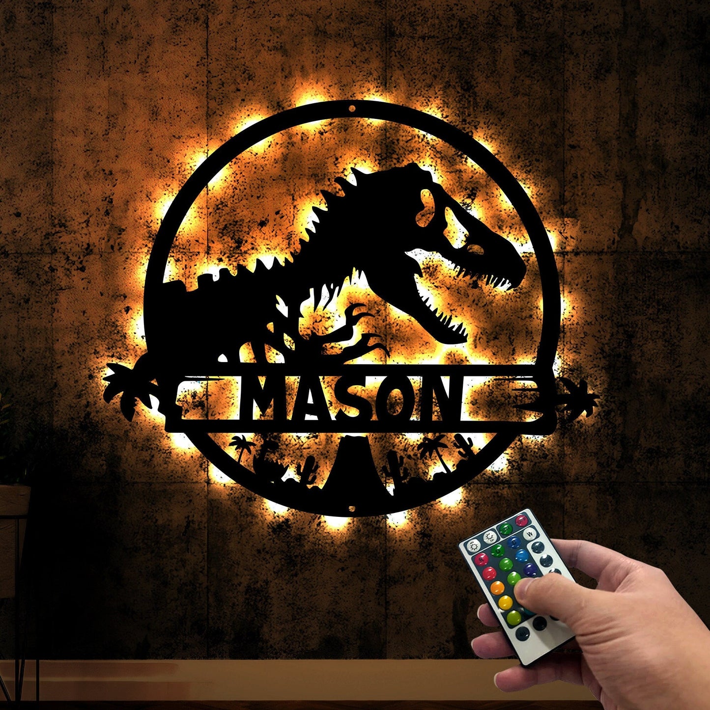 T-Rex dinosaur Metal Wall Art, Led Lights Tyrannosaurus Sign, Personalized T-Rex Sign, Kids Room Decoration, Dino Lover Gift For Children