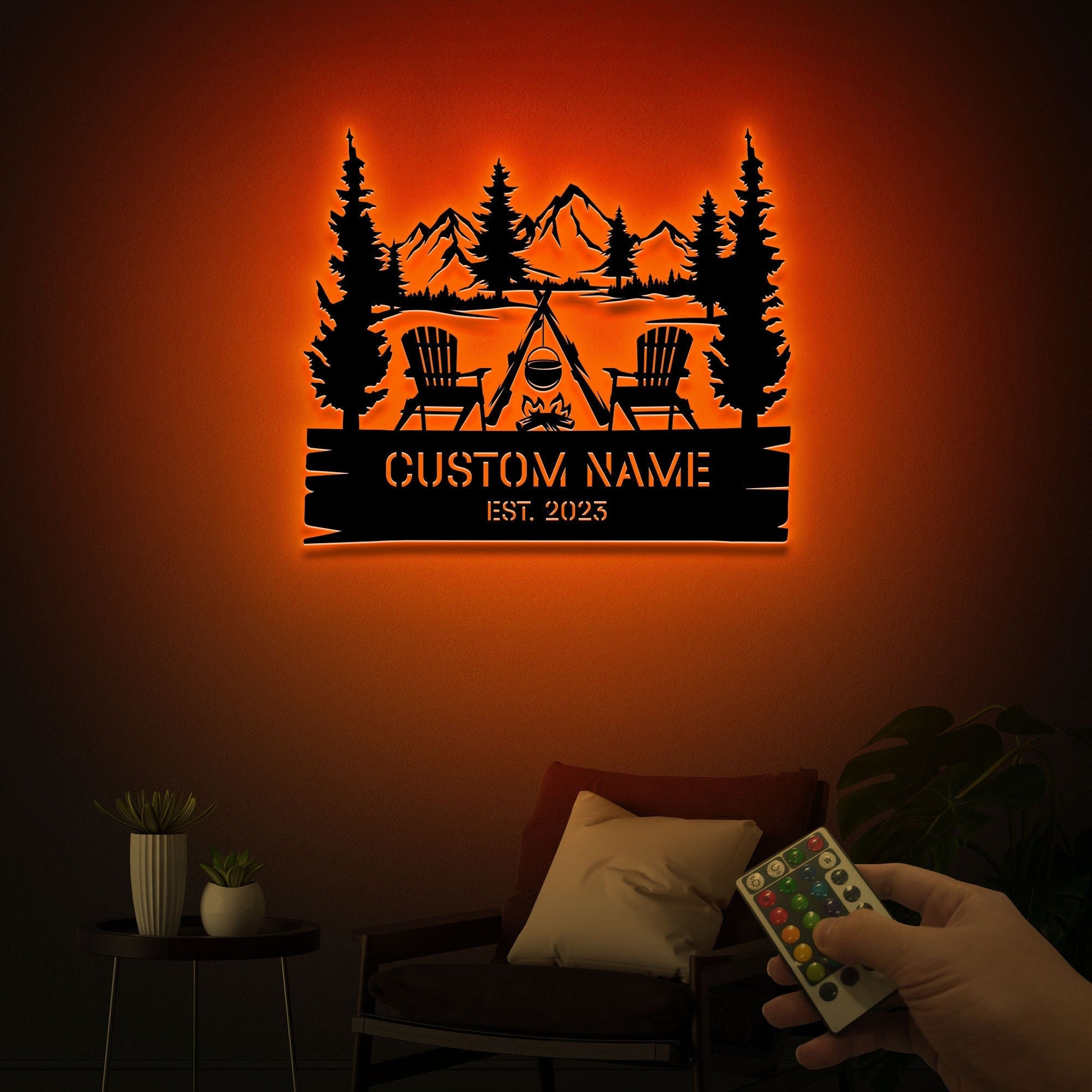 Custom Campsite Metal Sign with Led Light, Mountain View Cabin Sign, Campfire Signs, Fire Pit Sign, Camper Decor, Camping Family Gifts