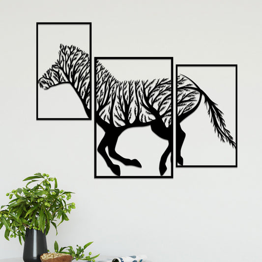 3 Panels Horse Tree Branch Sign with Led Light, Geometric Metal Horse Decor, Home Office Decor, Wall Hangings, Modern Wall Art, Horse Lover