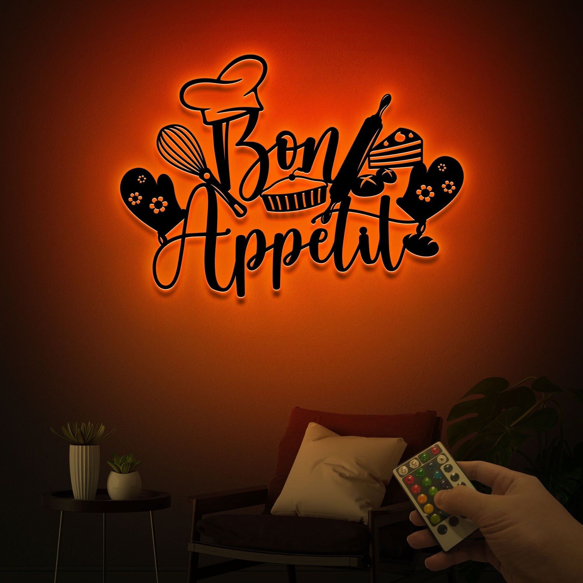 Metal Bon Appetit Sign with Led Light, Metal Kitchen Decor, French Kitchen Decor, Metal Quote with Chef Hat, Birthday Gift for Mom Dad