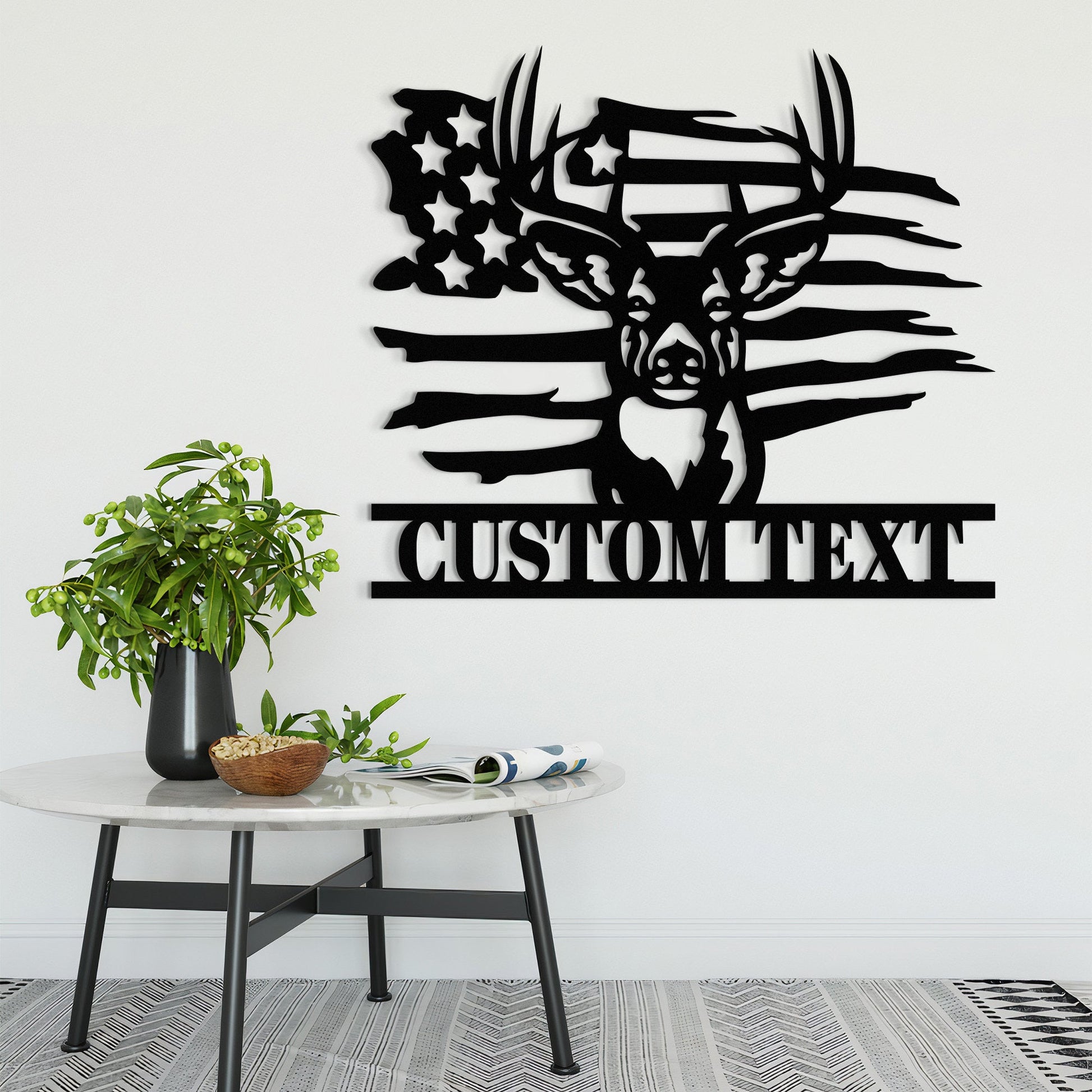 Personalized US Flag Deer Metal Wall Art With Led Lights, Custom Family Name Sign, Deer Decoration, Living Room Decor, For Deer Hunter Gift