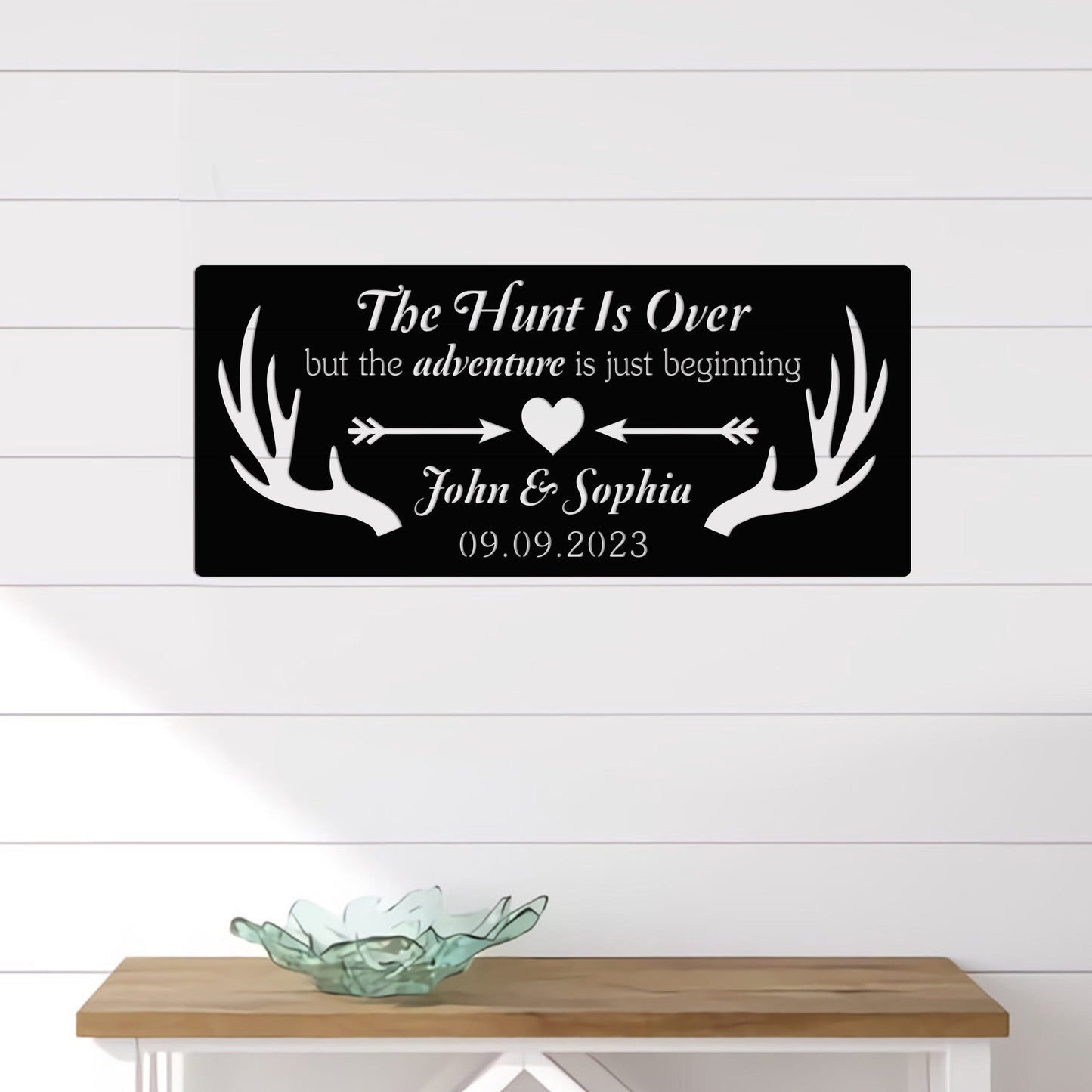 The Hunt is Over Wedding Metal Sign with Led Light, Custom Couple Names, Newlywed Gift, Wedding Decor, Deer Antler Anniversary Sign for Home