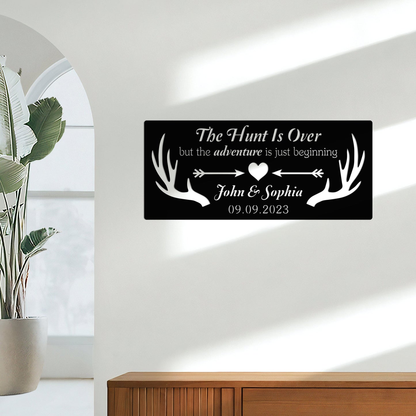 The Hunt is Over Wedding Metal Sign with Led Light, Custom Couple Names, Newlywed Gift, Wedding Decor, Deer Antler Anniversary Sign for Home