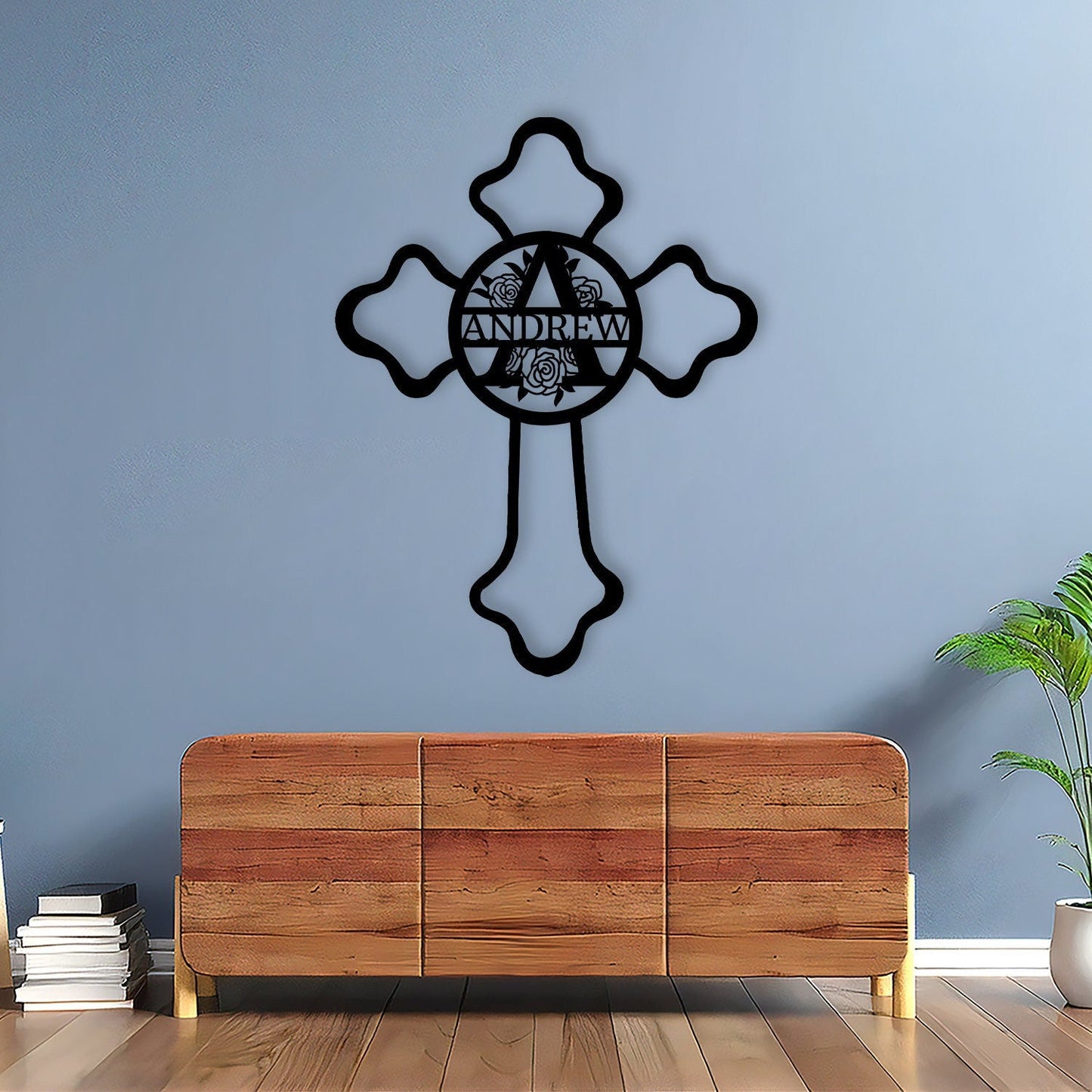 Custom Floral Cross Metal Wall Art, Led Lights Cross Initial Monogram Sign, Faith Christian Metal Wall Art, Christian Gift Housewarming Gift