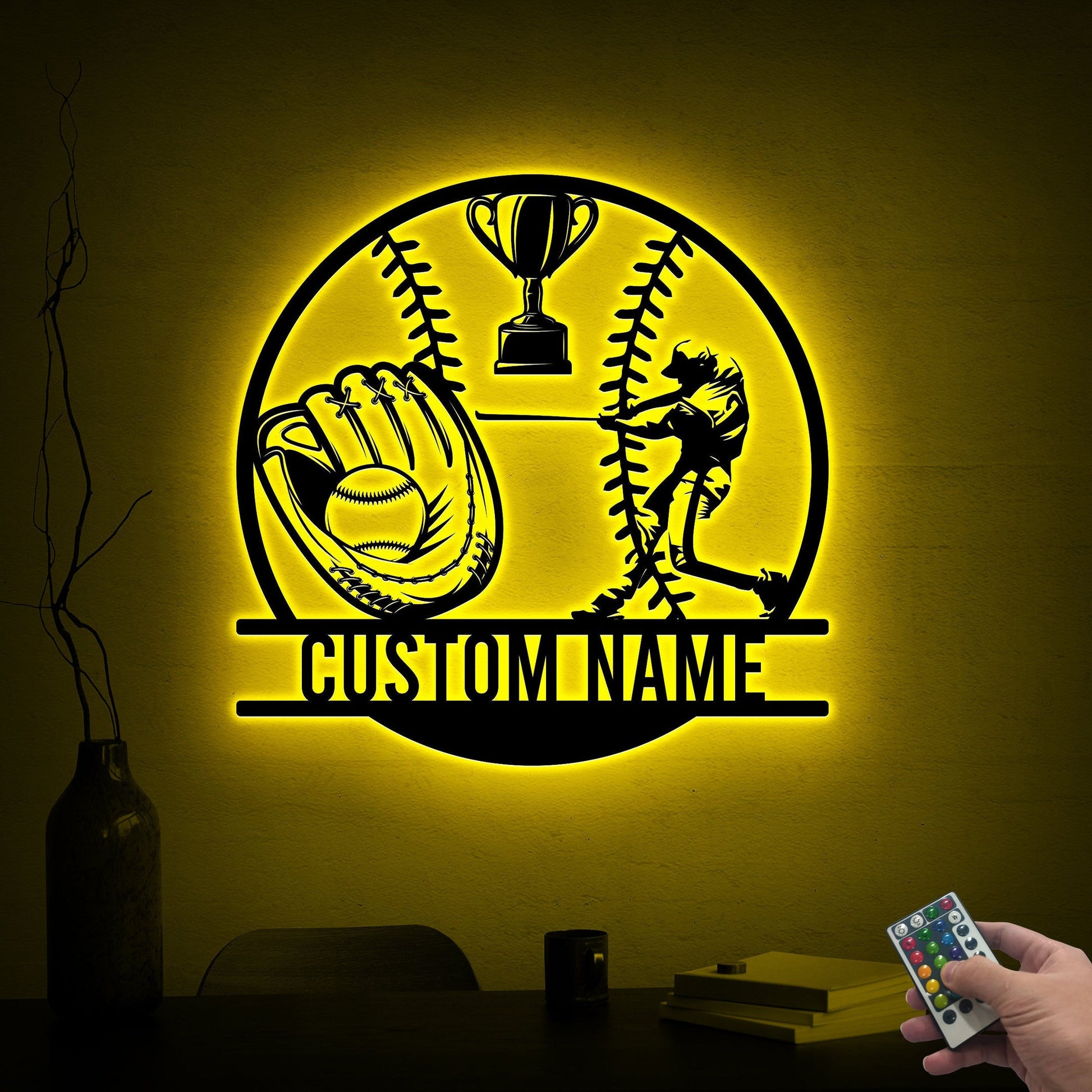 Custom Baseball Room Decor Wall Art with Led Light, Baseball Coach Gift, Baseball Glove & Trophy, Baseball Gifts for Boys, Metal Sports Sign