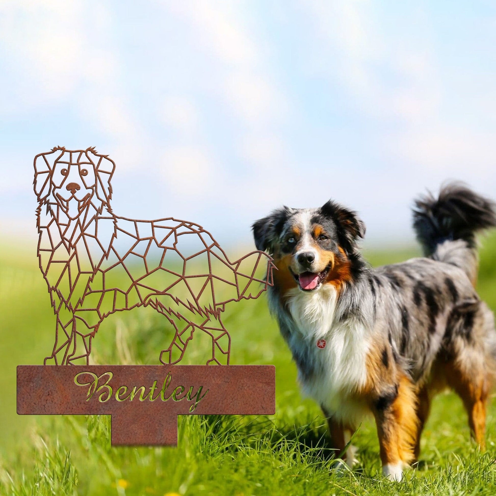 Australian Shepherd Geometric Garden Stake Rusty, Rusted Metal Yard Art, Dog Garden Sign, Vintage Outdoor Decor, Geometric Dog Gift
