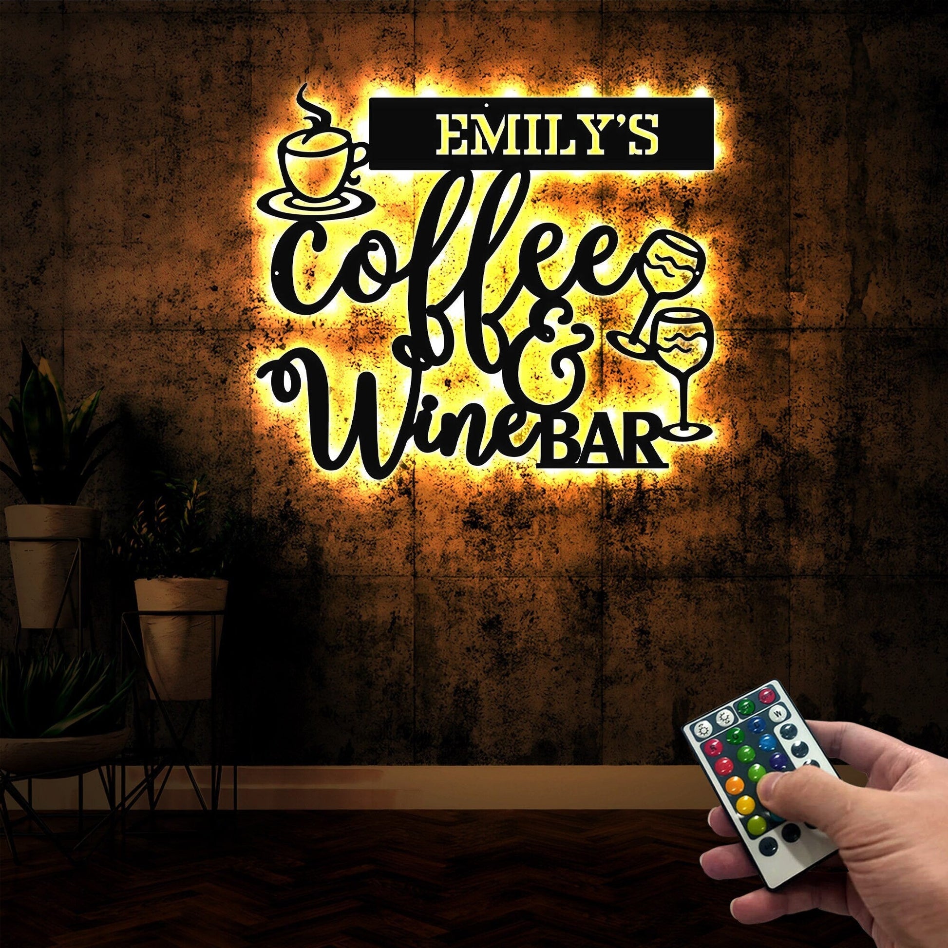 Personalized Coffee and Wine Bar Metal Wall Art With Led Lights, Custom Coffee & Wine Drink Lover Name Sign Gift for Coffee Wine Shop Owner
