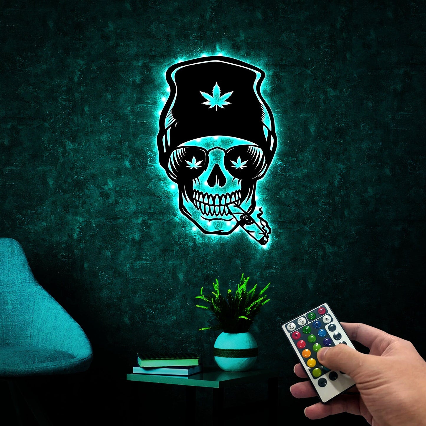 Skull Smoking Weed Metal Wall Art With Lights, Marijuana Skull Sign Decoration, Smoking Cigarette, Custom Cannabis Sign Custom Gift For Him