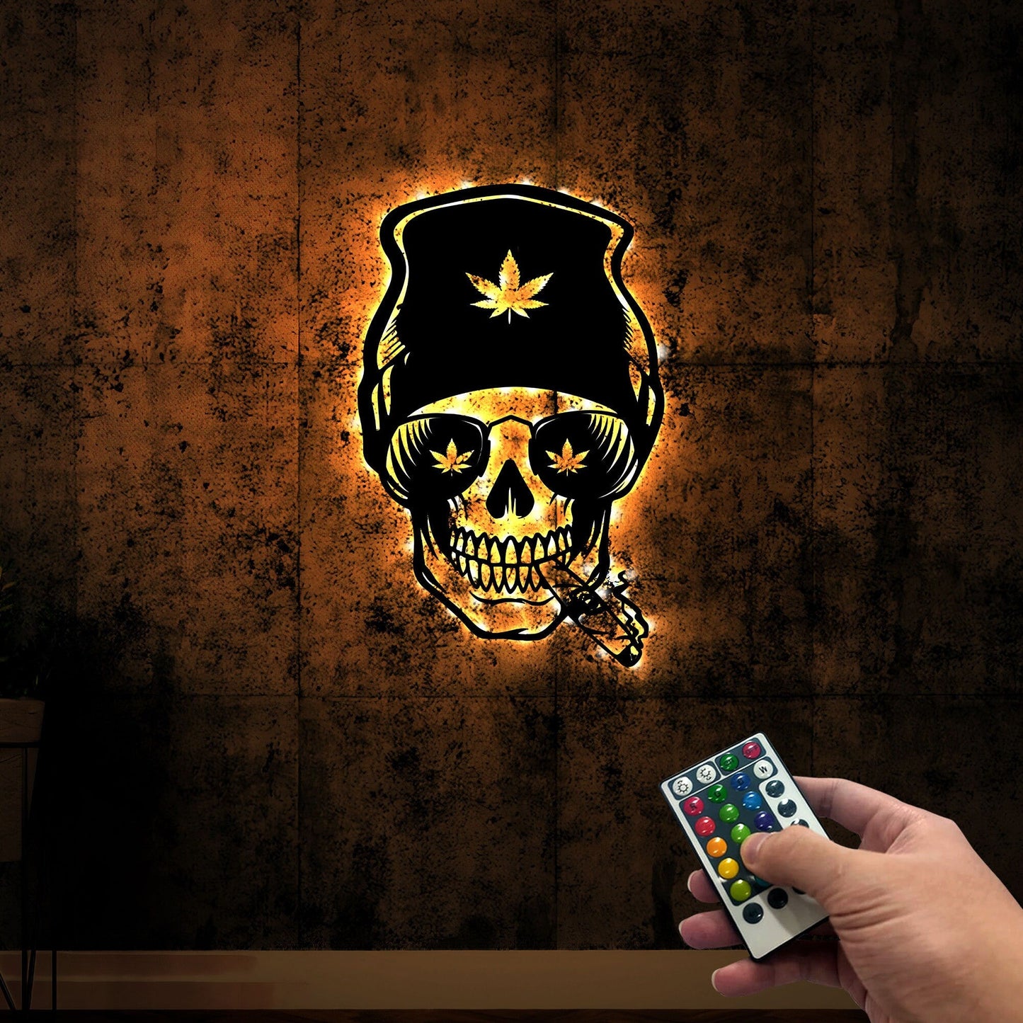 Skull Smoking Weed Metal Wall Art With Lights, Marijuana Skull Sign Decoration, Smoking Cigarette, Custom Cannabis Sign Custom Gift For Him