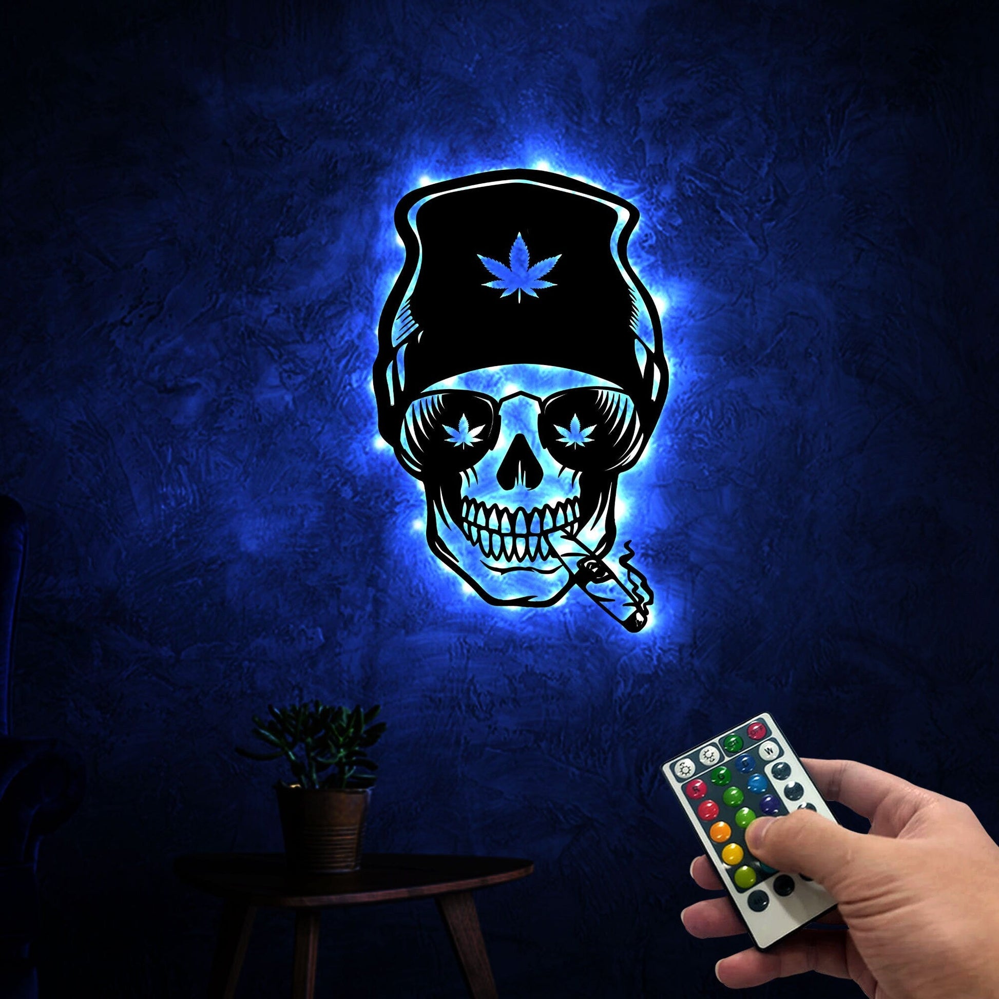 Skull Smoking Weed Metal Wall Art With Lights, Marijuana Skull Sign Decoration, Smoking Cigarette, Custom Cannabis Sign Custom Gift For Him