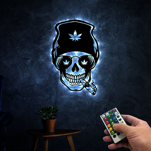 Skull Smoking Weed Metal Wall Art With Lights, Marijuana Skull Sign Decoration, Smoking Cigarette, Custom Cannabis Sign Custom Gift For Him