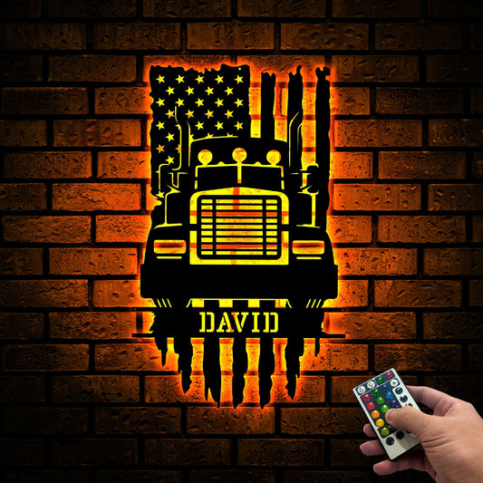 US Trucker Metal Sign Led Light, Xmas Birthday Gift for Dad, Father's Day, Trucker Name Sign, Truck Driver Gift, Trucking Company Wall Decor