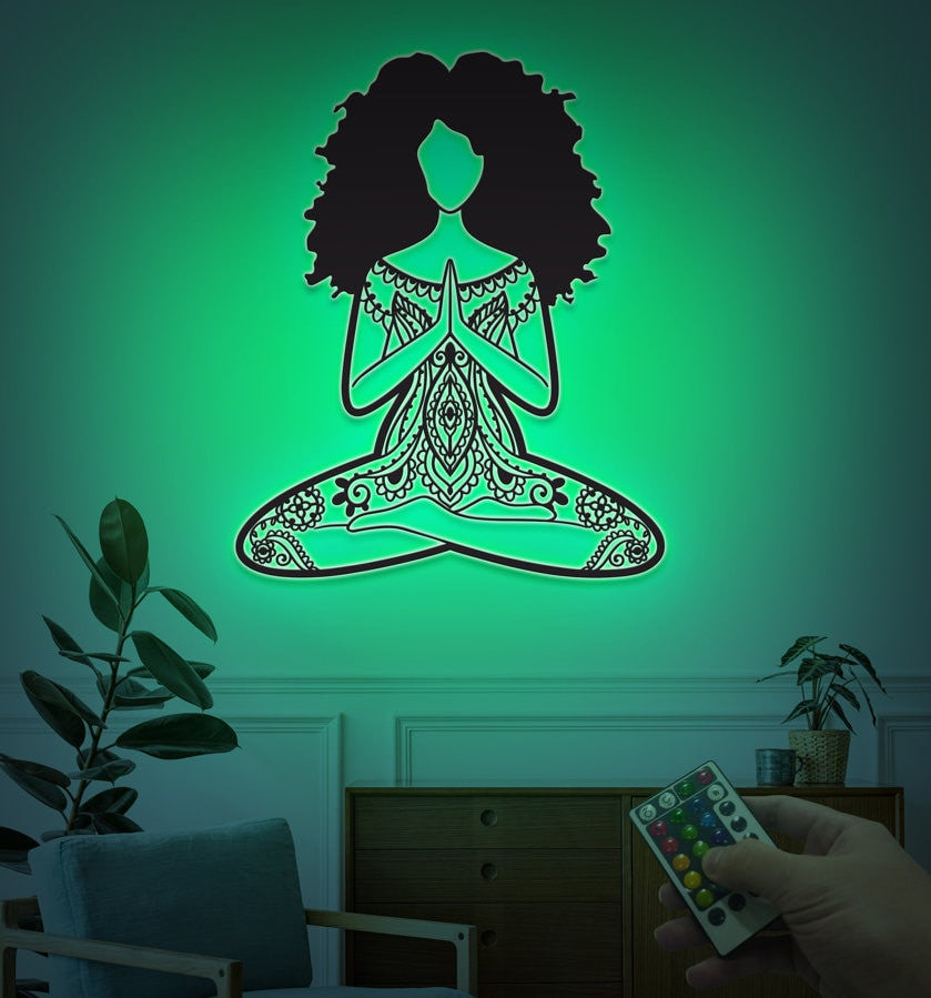 Yoga Girl Metal Wall Art With Led Lights, Yoga Room Decor, Mandala Yoga Sign, African American Yoga Girl, Yoga Lover Gift, Night Light Decor