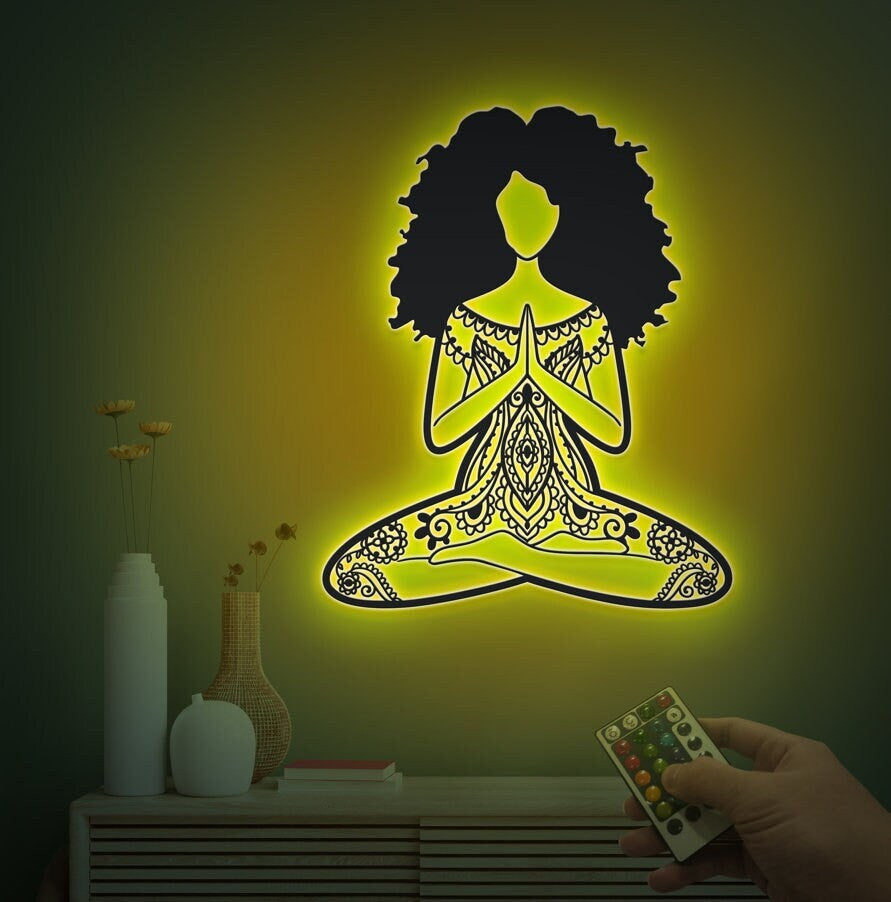 Yoga Girl Metal Wall Art With Led Lights, Yoga Room Decor, Mandala Yoga Sign, African American Yoga Girl, Yoga Lover Gift, Night Light Decor