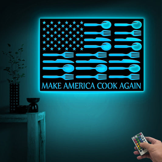 US Cooking Chef Metal Sign with Led Light, Make America Cook Again, Culinary Gifts, Cooking Lovers Gift, Patriotic Wall Decor, Kitchen Sign