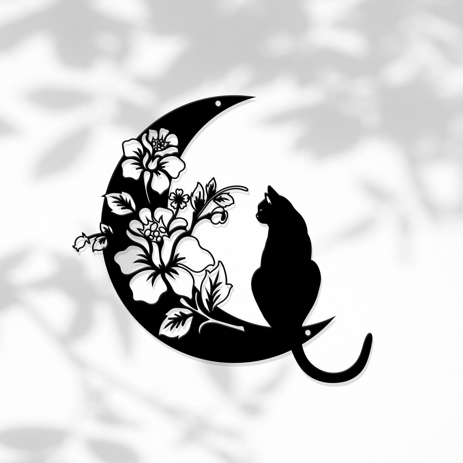 Cat and Moon Metal Wall Art, Floral Cat Wall Decor, Cat on Moon, Floral moon, Cat Lover Gift, Animal Decor, Home Decor, Housewarming Gift