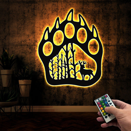 Reindeer Christmas Metal Wall Art With Led Lights, Bear Paw Mountain Sign, Wild Animal Lover Gift, Cabin Sign, Nature Sign, Gift For Him