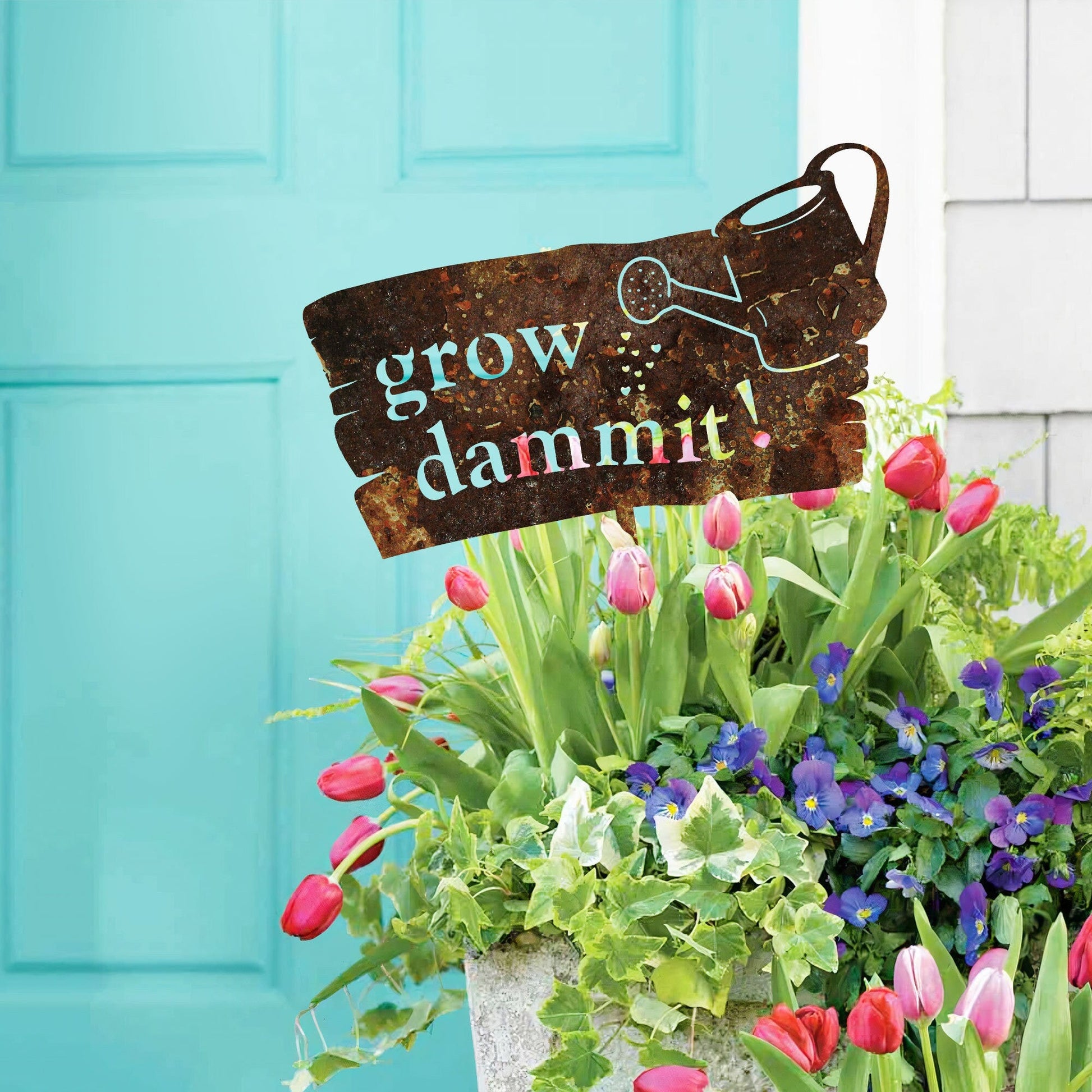 Grow Dammit Garden Sign Rusty, Rustic Metal Garden Decor, Rusted Metal Yard Art, Gardener Gift, Outdoor Decor, Metal Garden Stake