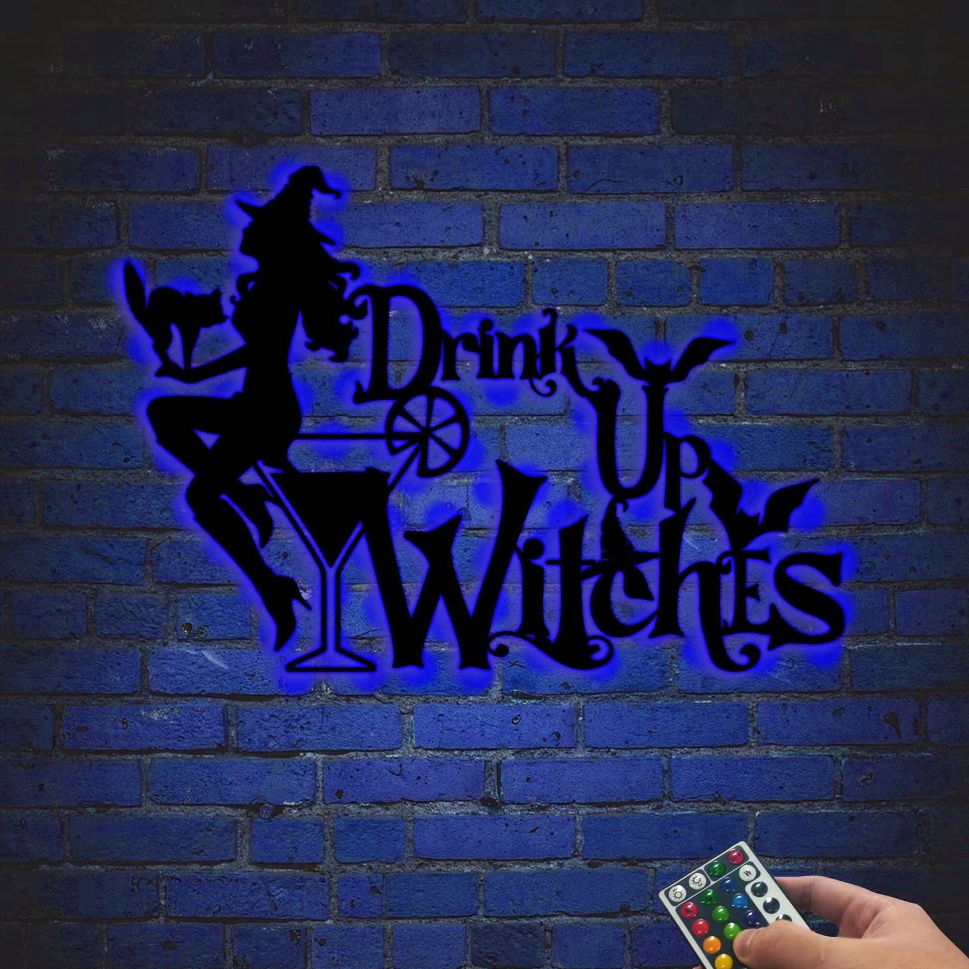 Witch Girl With Cat Metal Wall Art With Led Lights, Halloween Bar Decor, Drink Up Witches Halloween Decor For Bar, Pub, Food & Beverage Shop