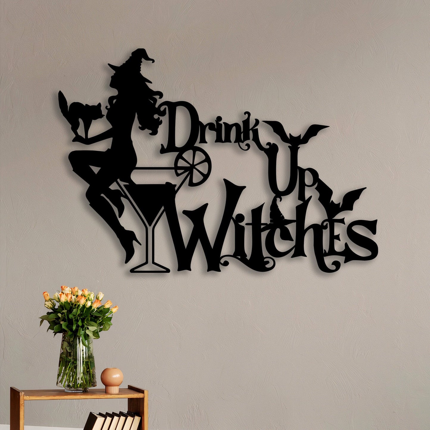 Witch Girl With Cat Metal Wall Art With Led Lights, Halloween Bar Decor, Drink Up Witches Halloween Decor For Bar, Pub, Food & Beverage Shop