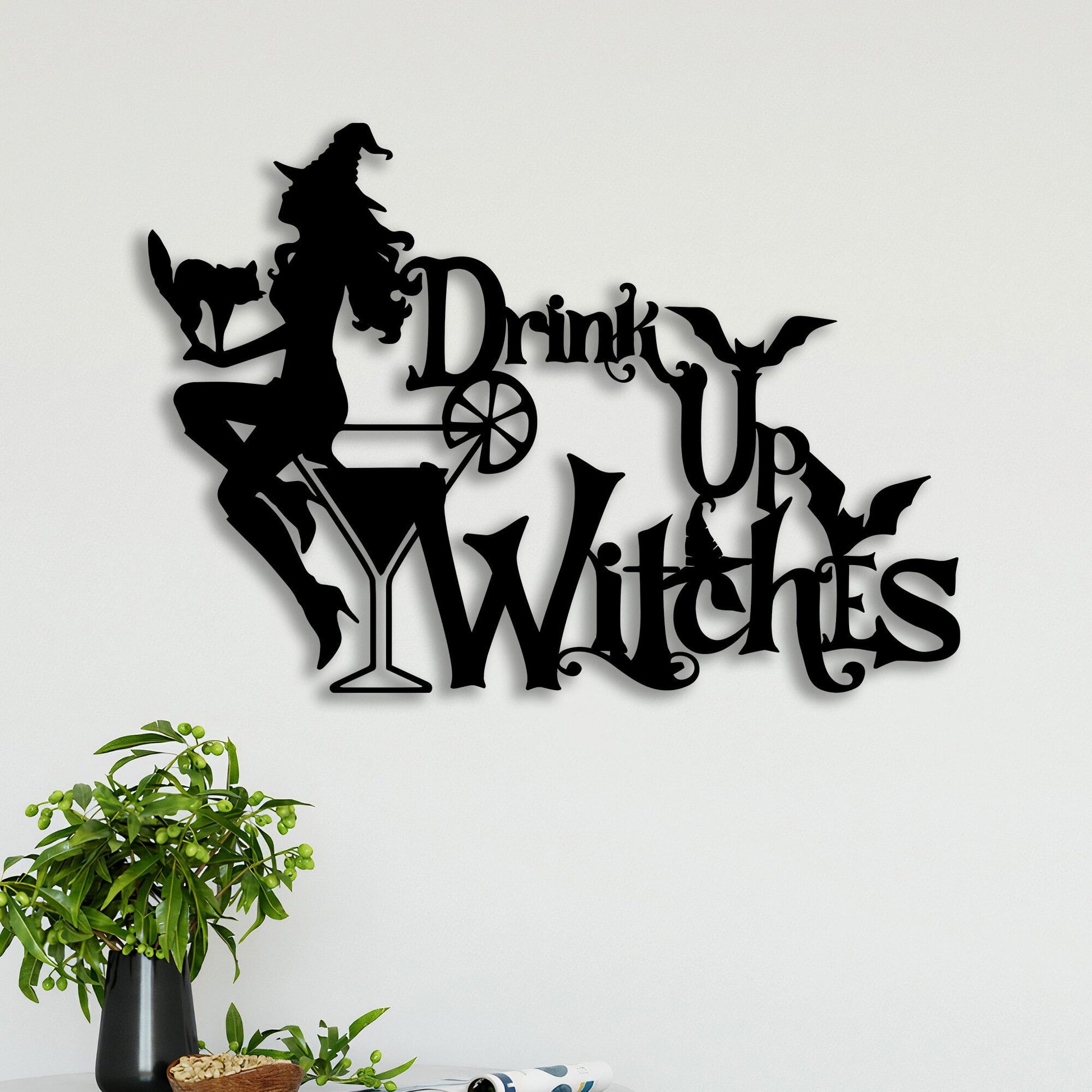 Witch Girl With Cat Metal Wall Art With Led Lights, Halloween Bar Decor, Drink Up Witches Halloween Decor For Bar, Pub, Food & Beverage Shop