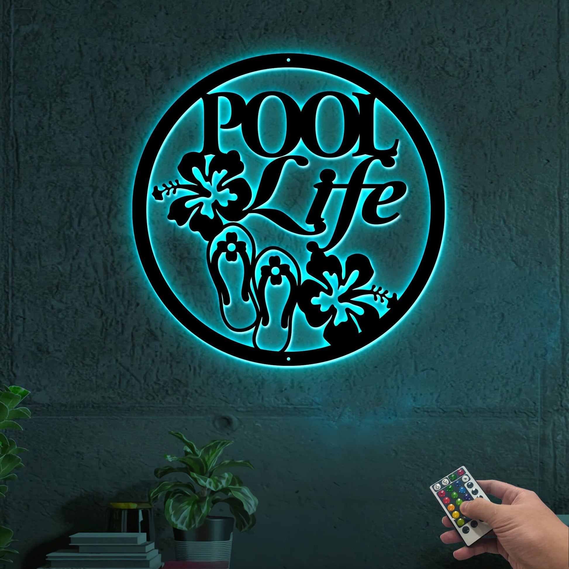 Pool Sign Metal Wall Art With Led Lights, Flip Flops and Hibiscus Flower Pool Life, Outdoor Pool Decoration, Housewarming Gifts, For Dad