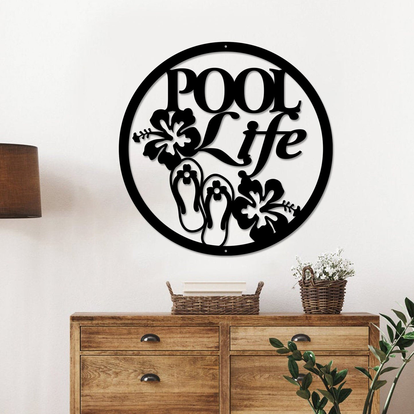 Pool Sign Metal Wall Art With Led Lights, Flip Flops and Hibiscus Flower Pool Life, Outdoor Pool Decoration, Housewarming Gifts, For Dad