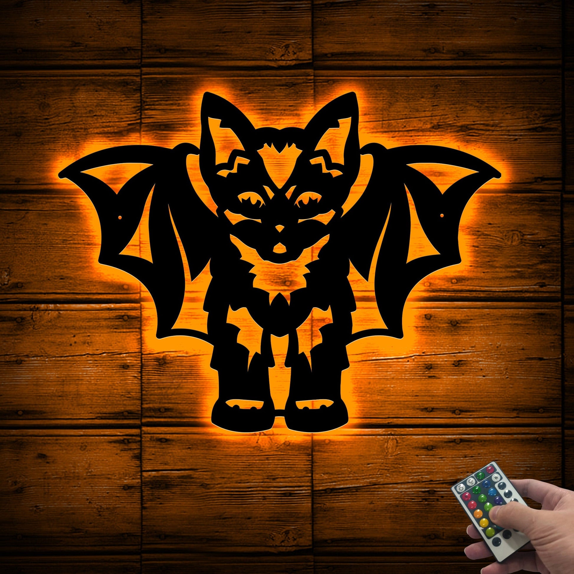 Bat Cat Metal Wall With Led Lights, Cat With Bat Wings, Halloween Sign, Cat Halloween Decor, Cat Lover Gift, Bat Lover Gift, Room Decoration