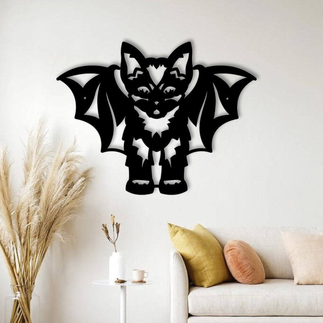 Bat Cat Metal Wall With Led Lights, Cat With Bat Wings, Halloween Sign, Cat Halloween Decor, Cat Lover Gift, Bat Lover Gift, Room Decoration