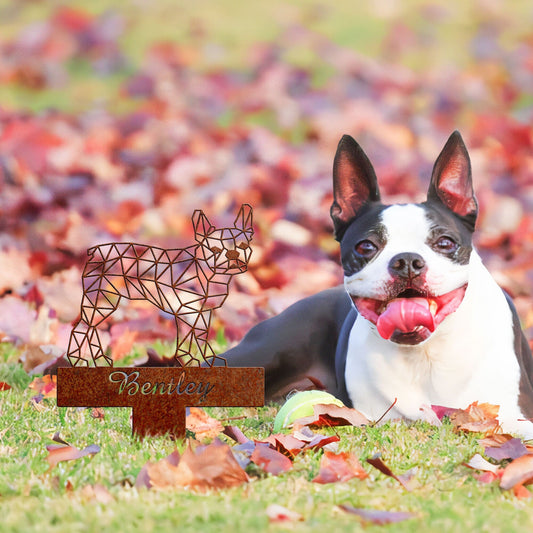 Boston Terrier Geometric Garden Stake Rusty, Boston Terrier Rusted Metal Yard Art, Dog Garden Sign Vintage Outdoor Decor, Geometric Dog Gift