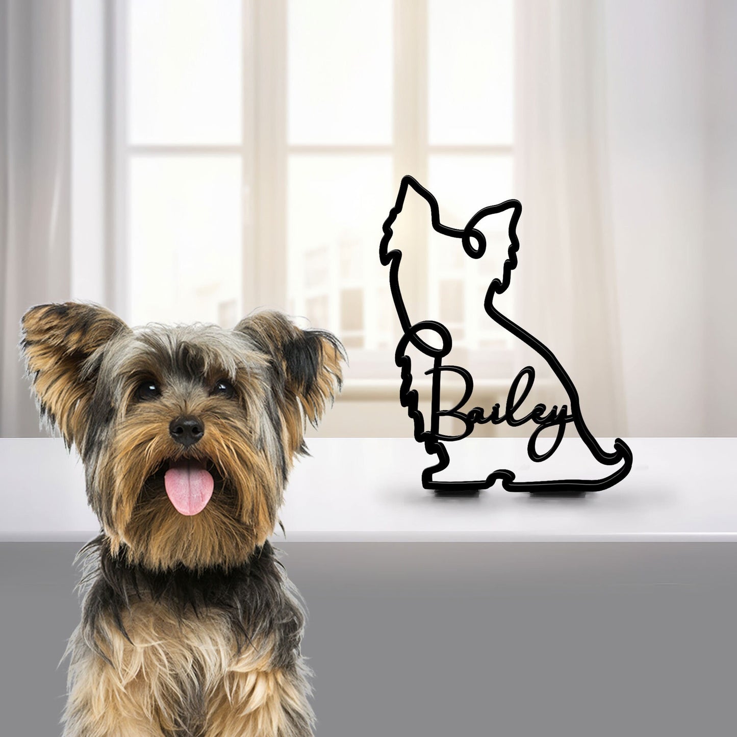 Yorkshire Terrier Metal Table Sign, Minimalist Sculpture Statue, Custom Dog Breed Metal Wire, Dog Lover Gift, Home Office Decor